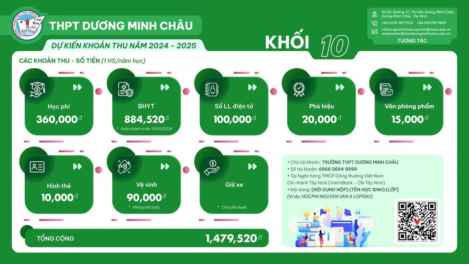 Các khoản thu trong năm học 2024-2025 đối với K10